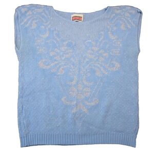 Vtg 80s‎ Picture Perfect Cap Sleeve Sweater L Blue Silver Floral Retro Metallic